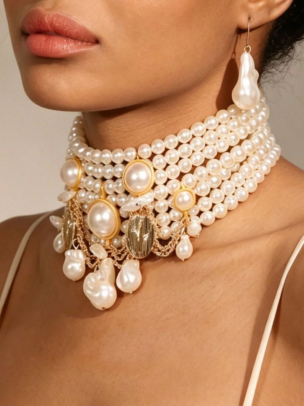 Multicolor Boho Women's Multi-Strand Faux Pearl Choker Necklace